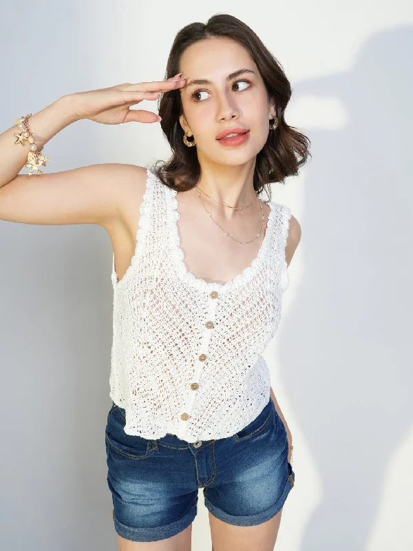 Unwind with Weekend Discounts Women White Solid Crochet Crop Top