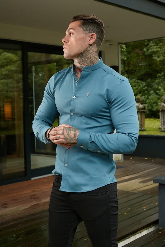 Father Sons Super Slim Stretch Teal Denim Long Sleeve Grandad collar with Metal Buttons and Decal Emblem - FS711