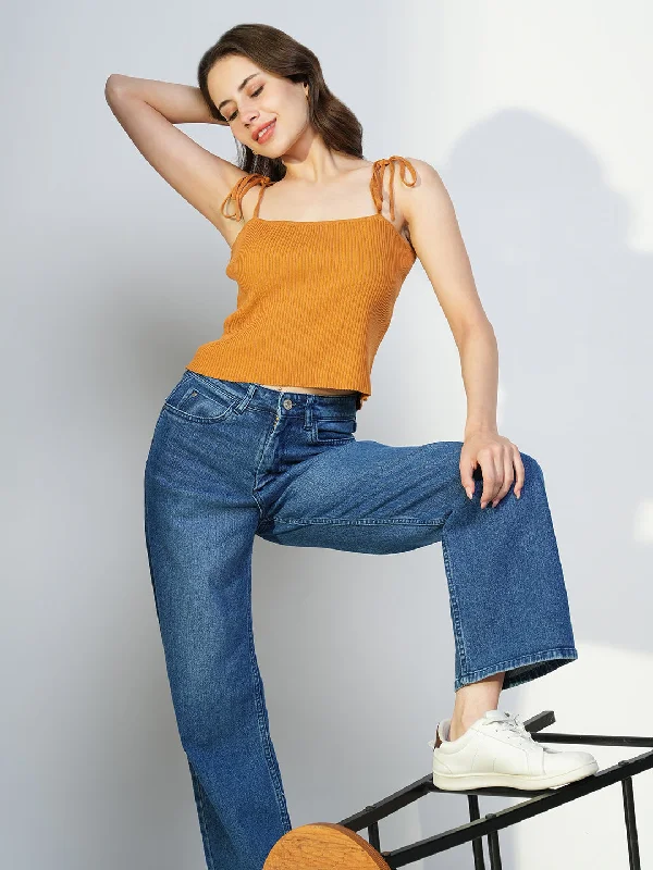 Stock Clearance Women Mustard Solid Crop Top