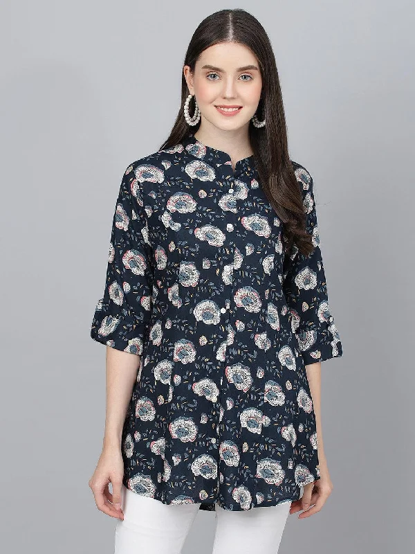 Early Access Blue Floral printed Rayon A-line Shirts Style Top