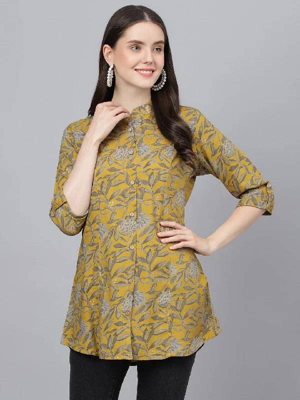 Great Deal Mustard Floral printed Rayon A-line Shirts Style Top