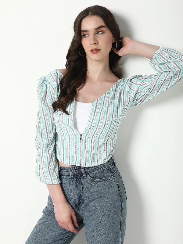 Weekend Deals to Make You Happy Women Sea Green Striped Fitted Crop Top