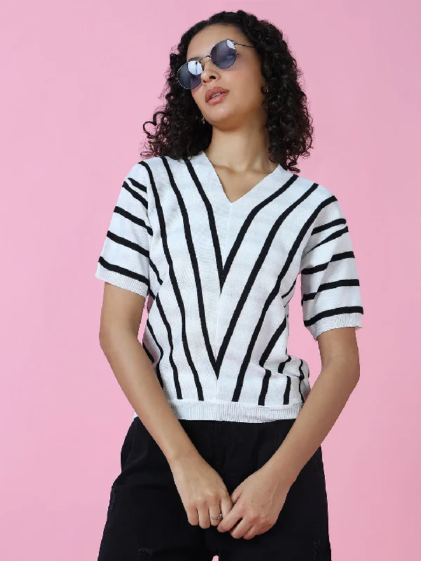 Super Deal Women White Striped Top