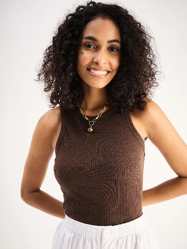 Weekend Offers That Impress Women Brown Ribbed Vest Top