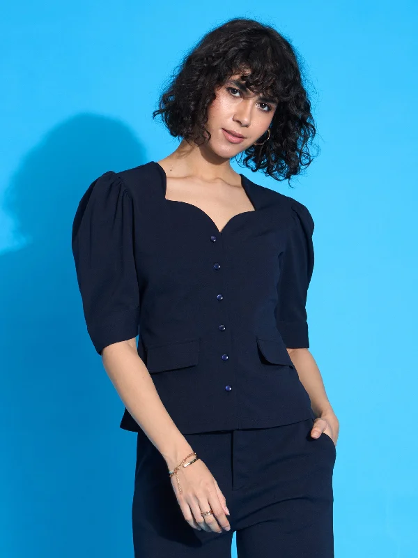 Weekend Offers That Shine Women Navy Puff Sleeves Top