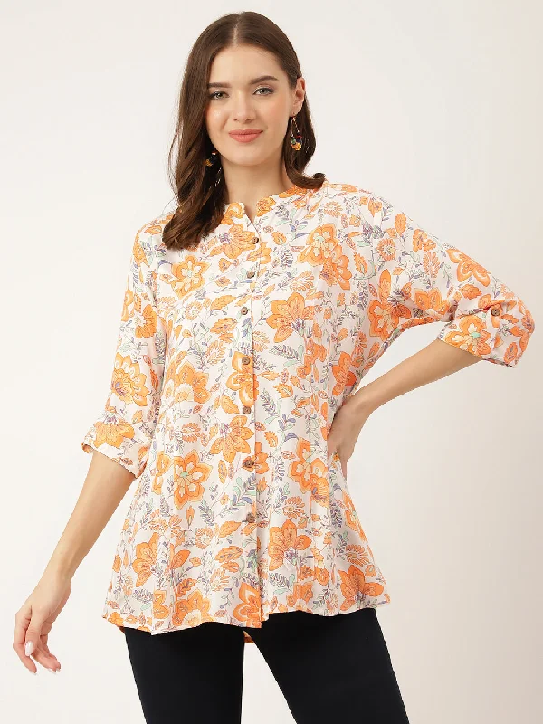 Weekend Specials to Delight Orange Floral Print Rayon Regular Top