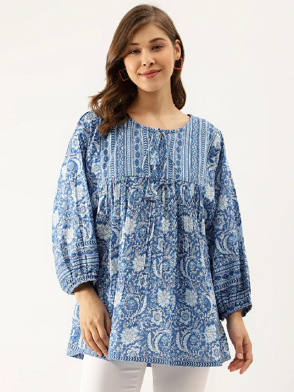 Weekend Sale: Don't Miss Out Blue  Printed Cotton Peplum top