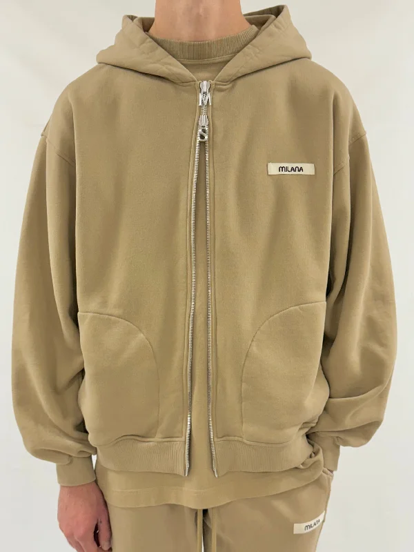 Khaki Brown Core Heavyweight Zip Hoodie.