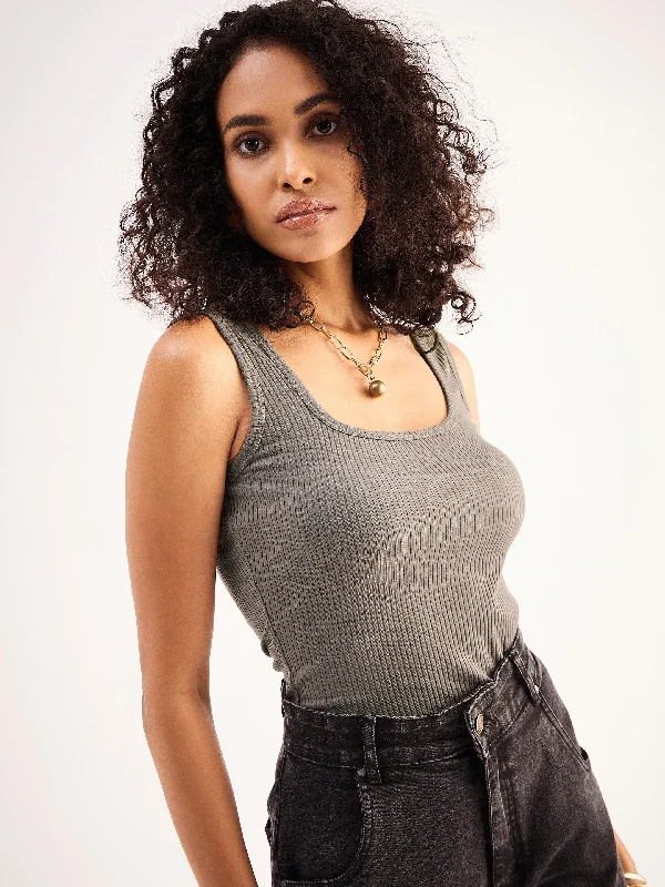 Weekend Savings Spectacular Women Grey Rib Sleveeless Square Neck Top