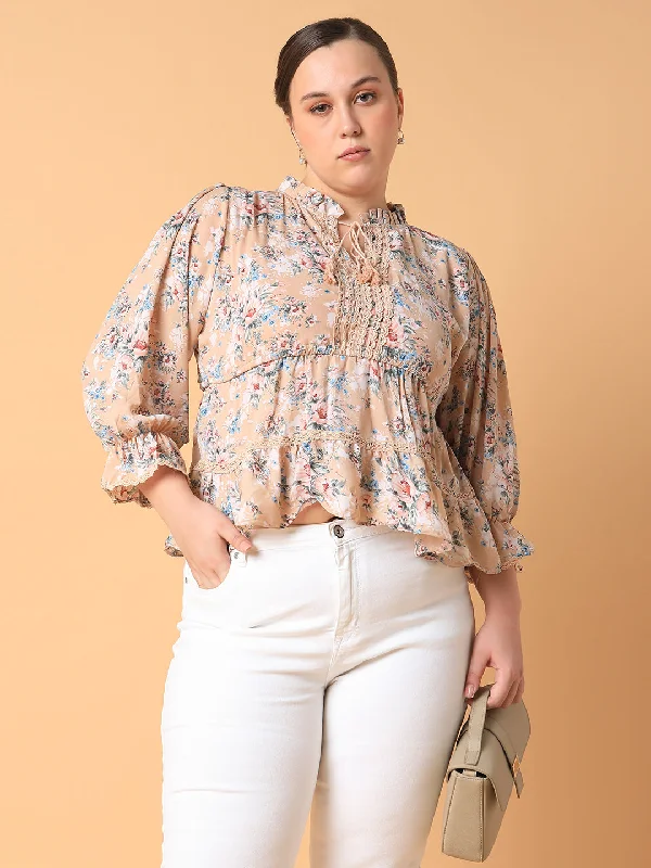 Weekend Discounts to Enjoy Women Floral Empire Beige Top