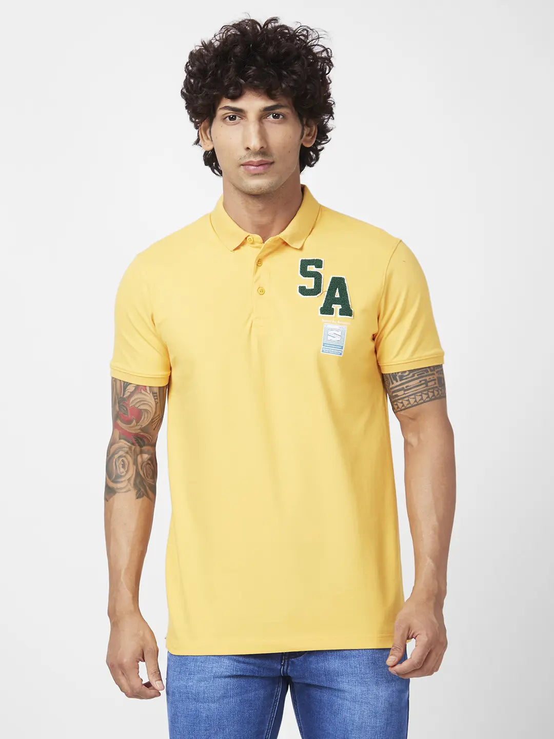 Spykar Men Amber Yellow Blended Slim Fit Half Sleeve Polo Neck Casual Plain Polo Tshirt