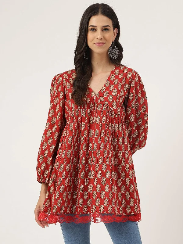 Weekend Deals That Amaze Red Floral Cotton Pemplum Style Top