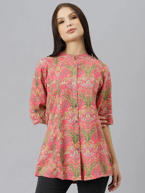 Stock Clearance Dark Pink Floral Rayon A-line Shirts Style Top