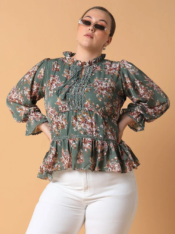 Super Savings Women Floral Empire Olive Top