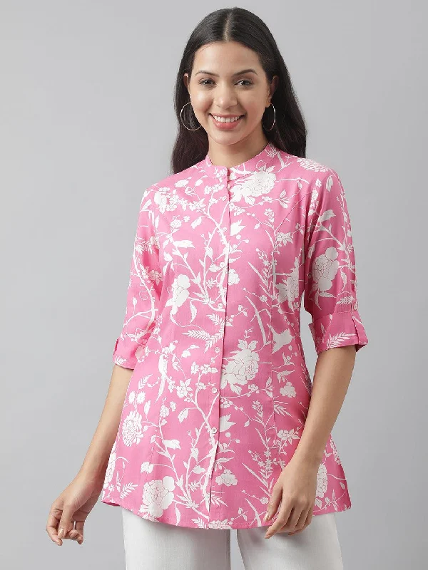 Weekend Steals Await Light Pink Floral Printed Rayon A-line Shirt Style Top