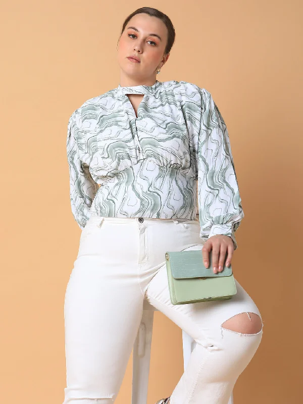 Weekend Discounts to Savor Women Abstract Sea Green Smocking Top