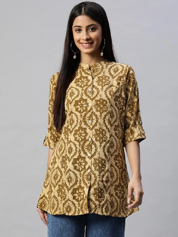 Weekend Specials to Cherish Coffee Brown Floral Rayon A-line Shirts Style Top