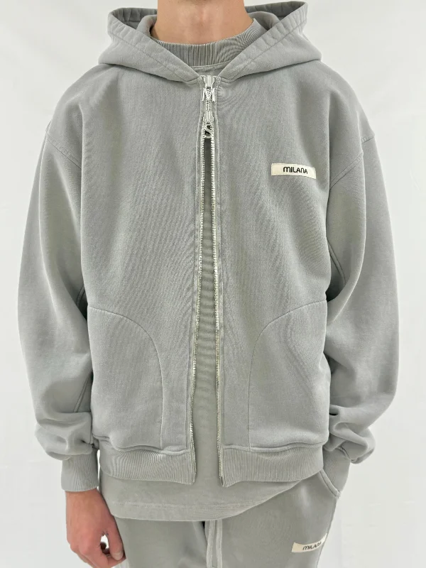 Washed Ash Grey Core Heavyweight Zip Hoodie.