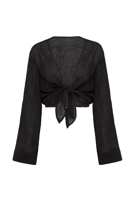 Time-Sensitive Tahiti Tie Top - Black Crinkle Linen