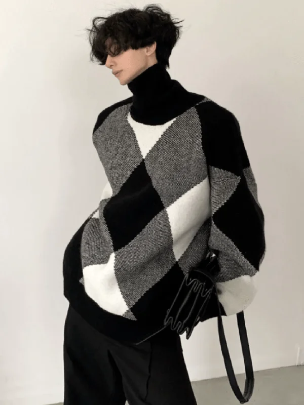 [AutumnWind] black and white high-end design turtleneck sweater na673