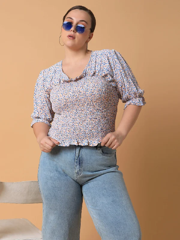 Weekend Discounts Worth Grabbing Women Floral Blue Smocking Top