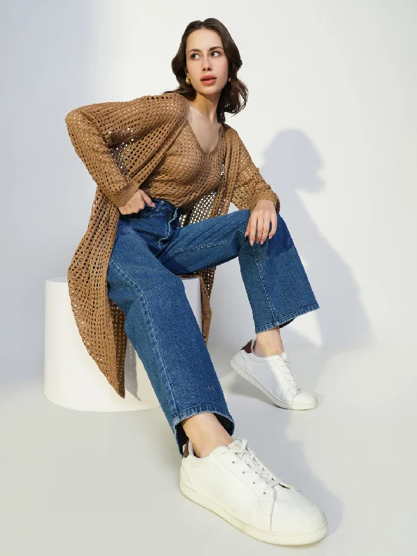 Weekend Bargains to Enjoy Women Brown Solid Crochet Crop Top with Shrug