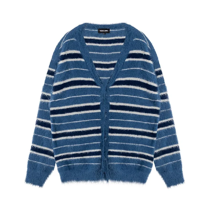 Stripe brushed cardigan blue