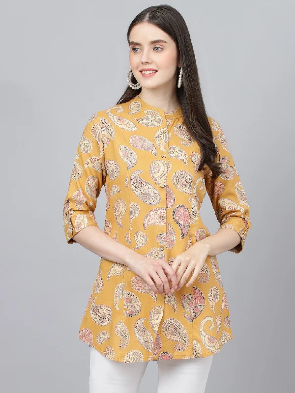 Weekend Bargains to Grab Mastard Yellow Print Mandarin Collar Roll-Up Sleeves Shirt Style Top