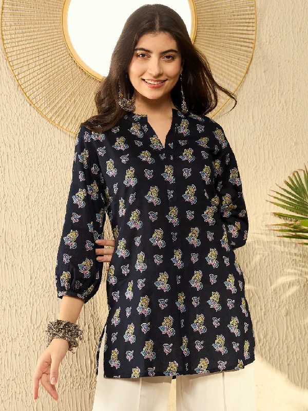 Mega Discount Women Navy Blue Cotton Blend Ethnic Motifs Printed Regular Tunic