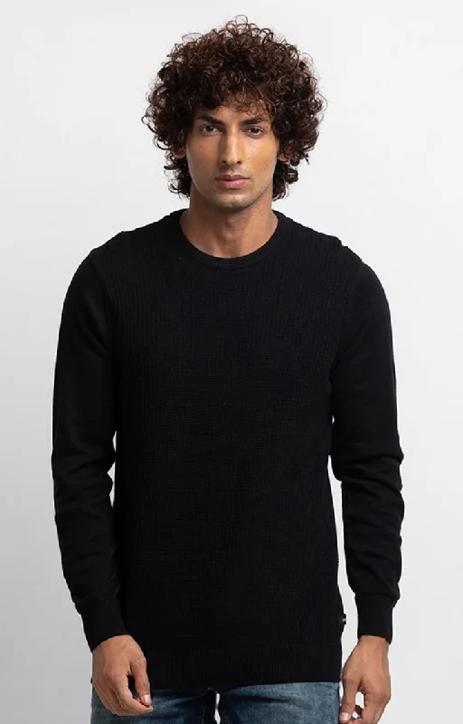 Spykar Black Cotton Full Sleeve Casual Sweater For Men