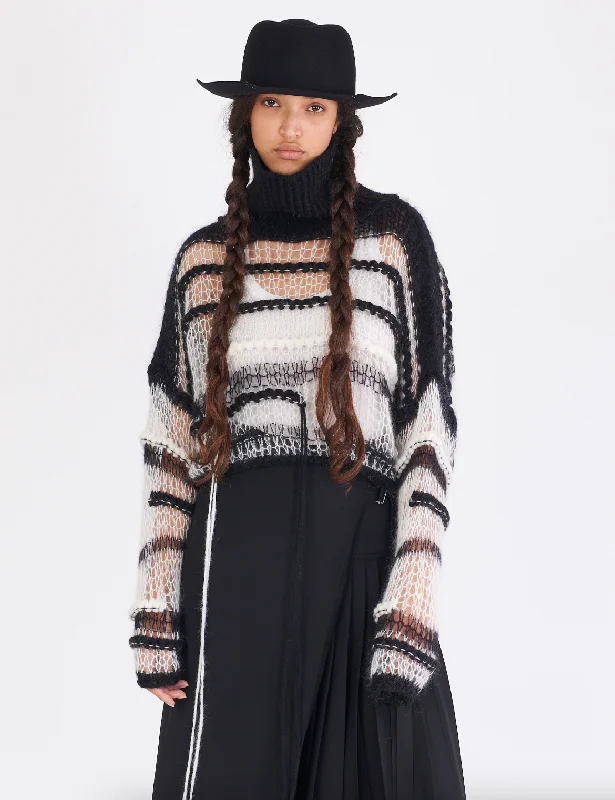 Unwind with Weekend Discounts Boxy Turtleneck Mesh Sweater - Black White