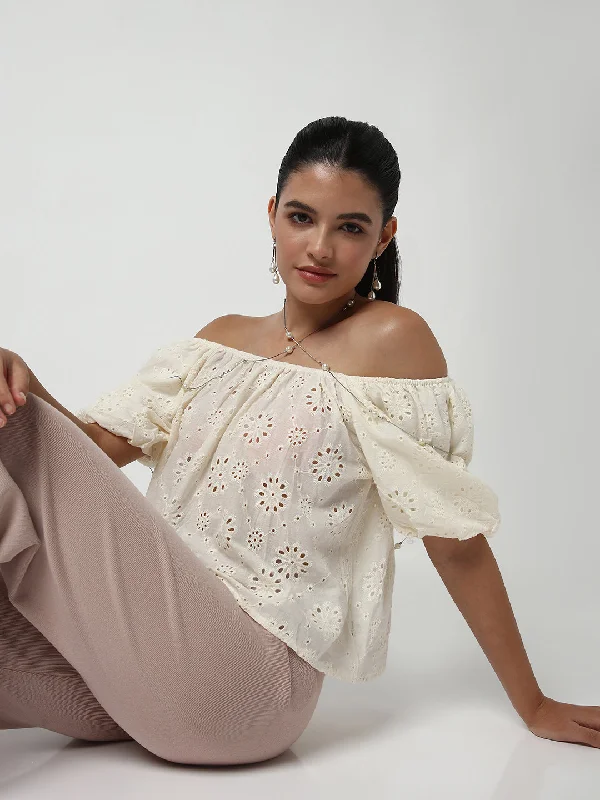 Weekend Bargains to Savor Women Cream Solid Schiffli Crop Top