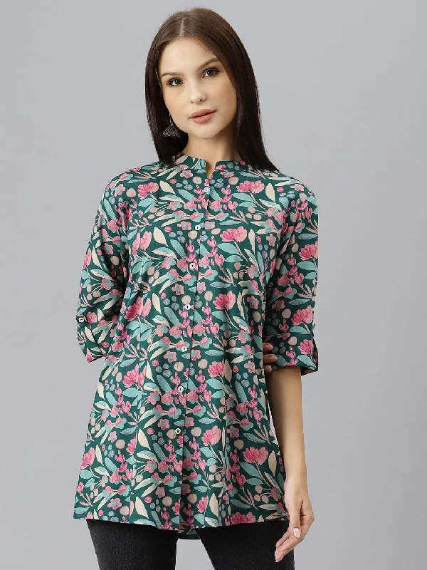 Unmissable Offer Dark Green Floral Rayon A-line Shirts Style Top