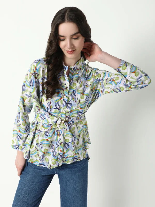 Savings Soar This Weekend Women Green Abstract Shirt Style Top