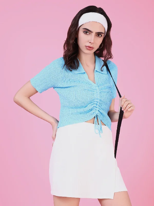 Special Discount Women Blue Solid Ruched Top
