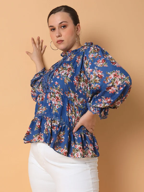 Big Deal Women Floral Empire Blue Top