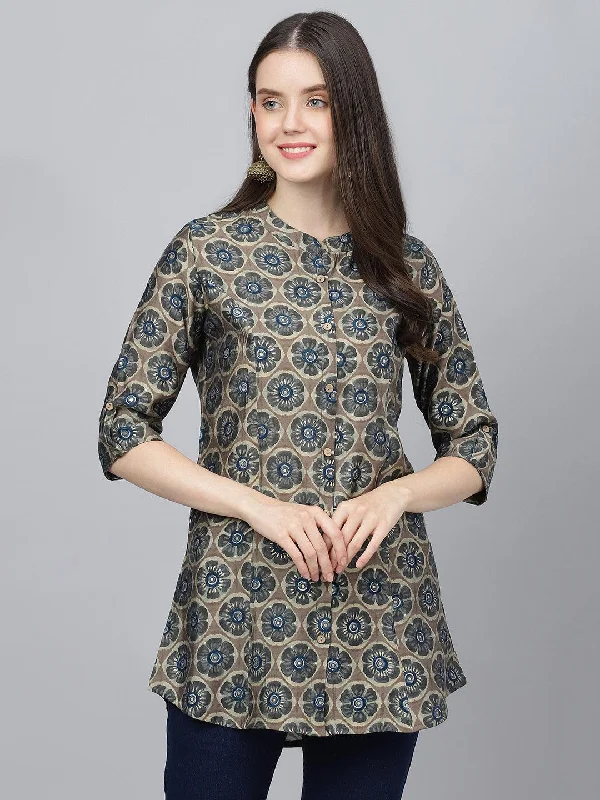Exclusive Offer Brown Floral Printed Modal A-Line Shirts Style Top