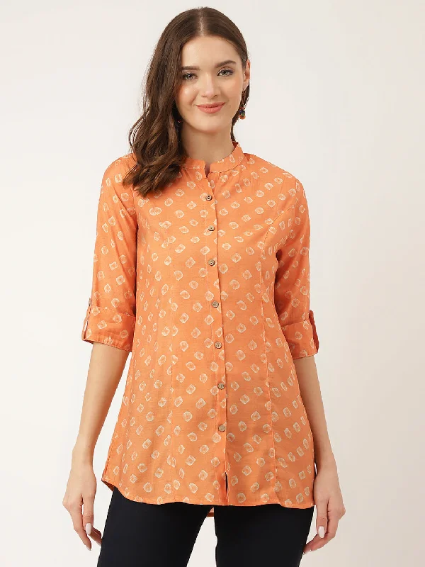 Weekend Specials to Grab Mustard Printed Chanderi Silk Regular Top