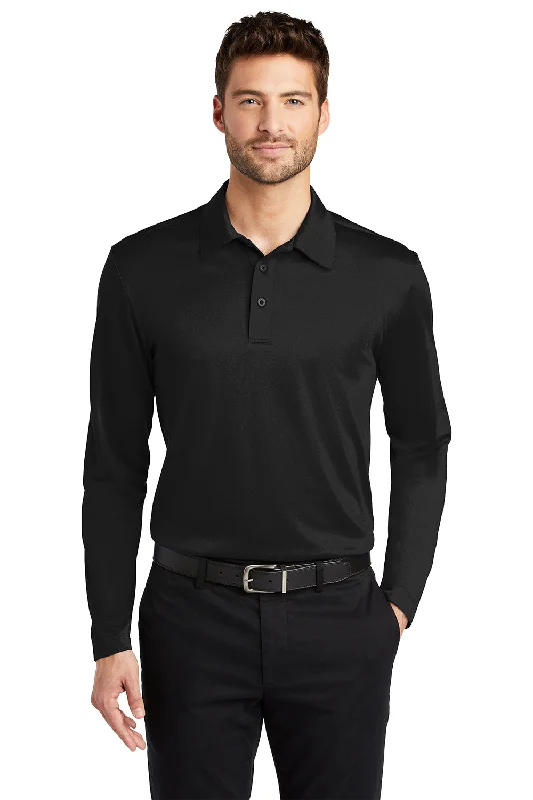 Port Authority Mens Silk Touch Performance Moisture Wicking Long Sleeve Polo Shirt - Black