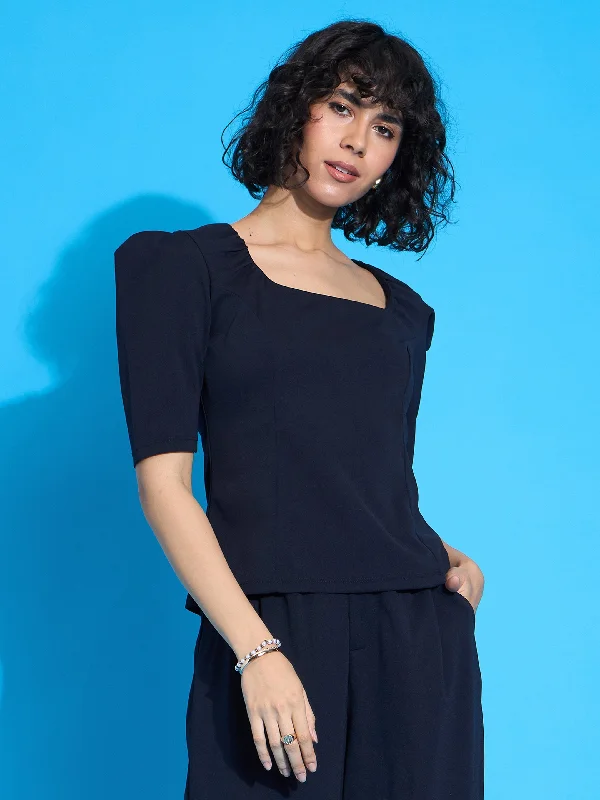 Weekend Offers That Tempt Women Navy Square Neck Puff Sleeve Top