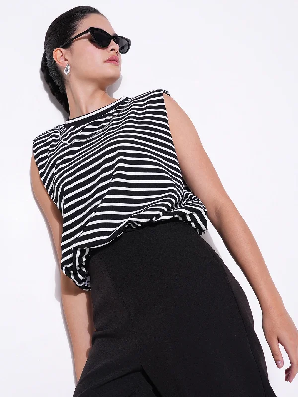 While Supplies Last Women Black Striped Top with Chain