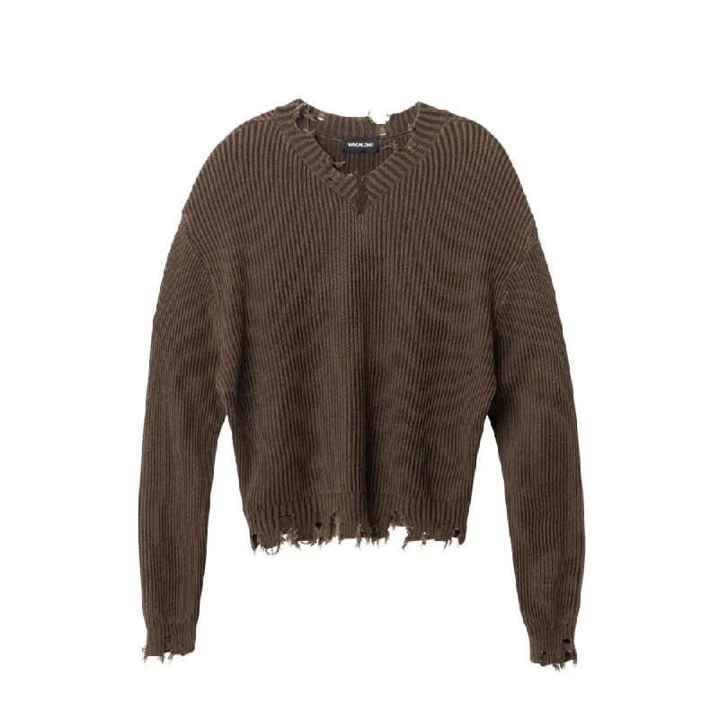 V-neck distressed knit brown