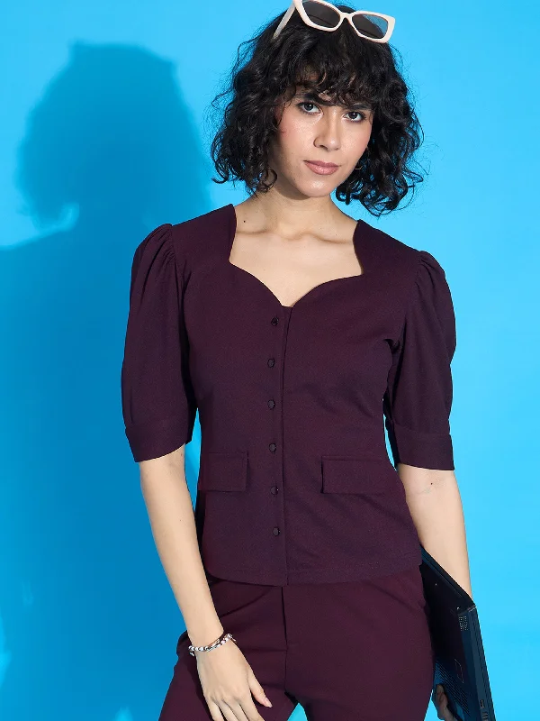 Weekend Sale: Don't Miss Out Women Burgundy Puff Sleeves Top
