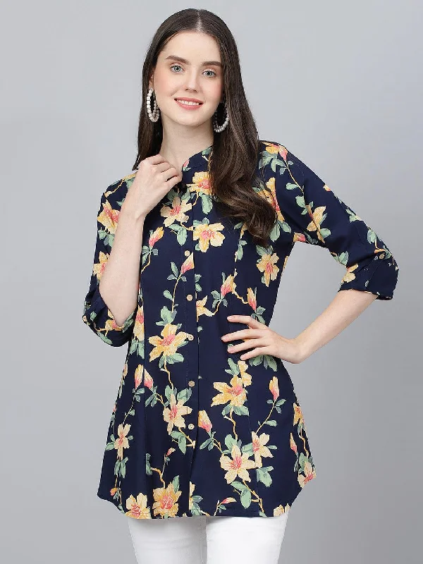 Deal of the Day Navy Blue Floral printed Rayon A-line Shirts Style Top