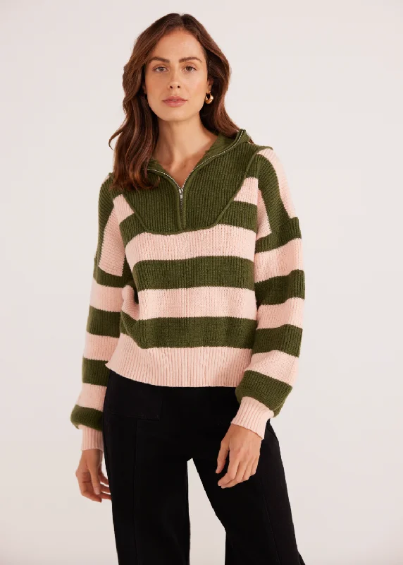 Hot Buy Darcy 1/4 Zip Knit Sweater - Khaki Stripe