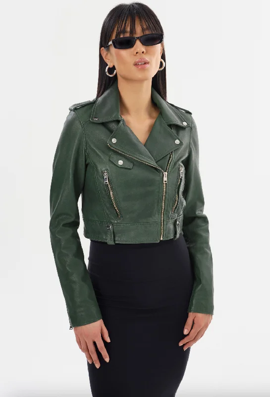 Extra Savings Ciara Leather Crop Moto Jacket - Alpine Green