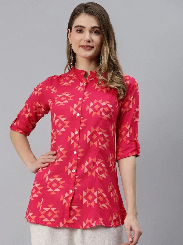 Weekend Price Cuts Galore Pink Geometric Print Rayon Shirt Style Top