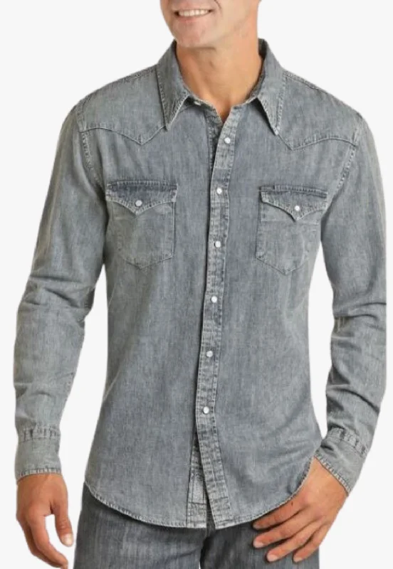 Rock and Roll Mens Light Denim Long Sleeve Shirt