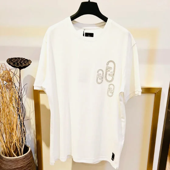 FE - Men 'White' Embellished With Chain Fendi O’Lock Motif Oversized T-Shirt FE798