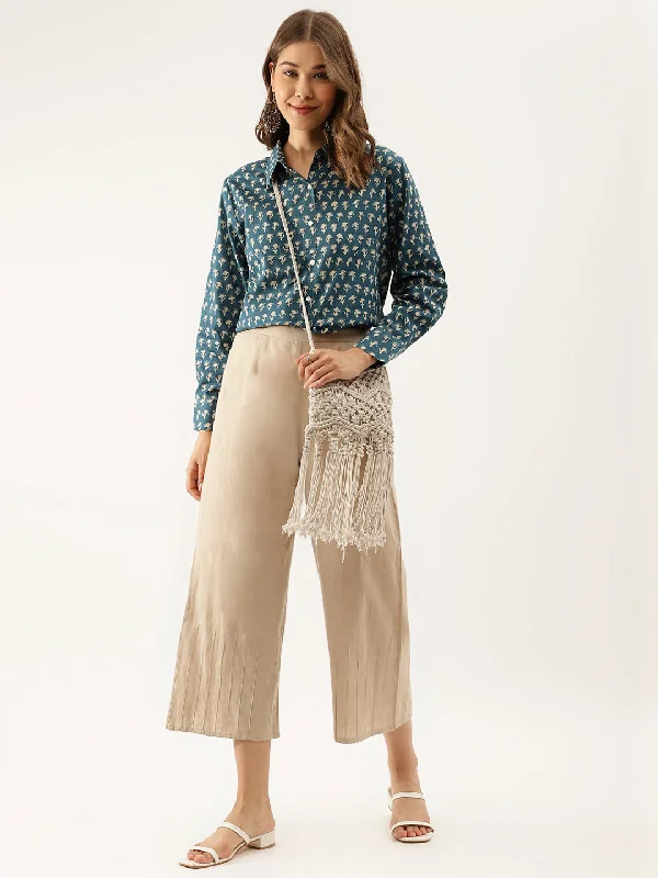 Weekend Specials You Can't Miss Turquoise Blue Ethnic Motif Printed Casual Women Shirts